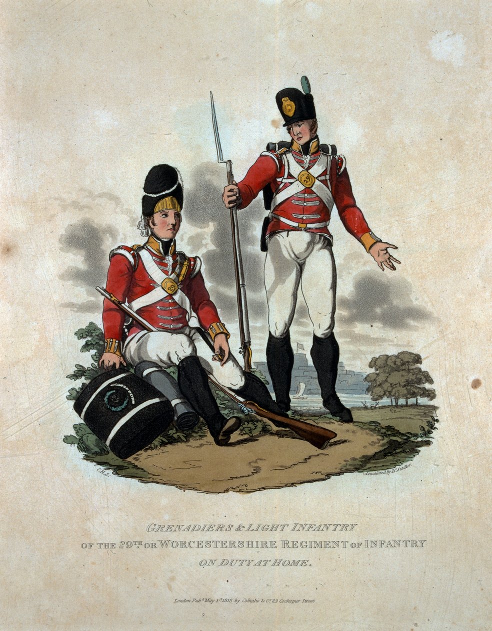 Grenadiers ve Hafif Piyade 29. veya Worcestershire Piyade Alayı'nın Evde Nöbetçi, 'Britanya İmparatorluğu Ordusu Kostümleri, 1812'deki son düzenlemelere göre', oyulmuş b by Charles Hamilton Smith