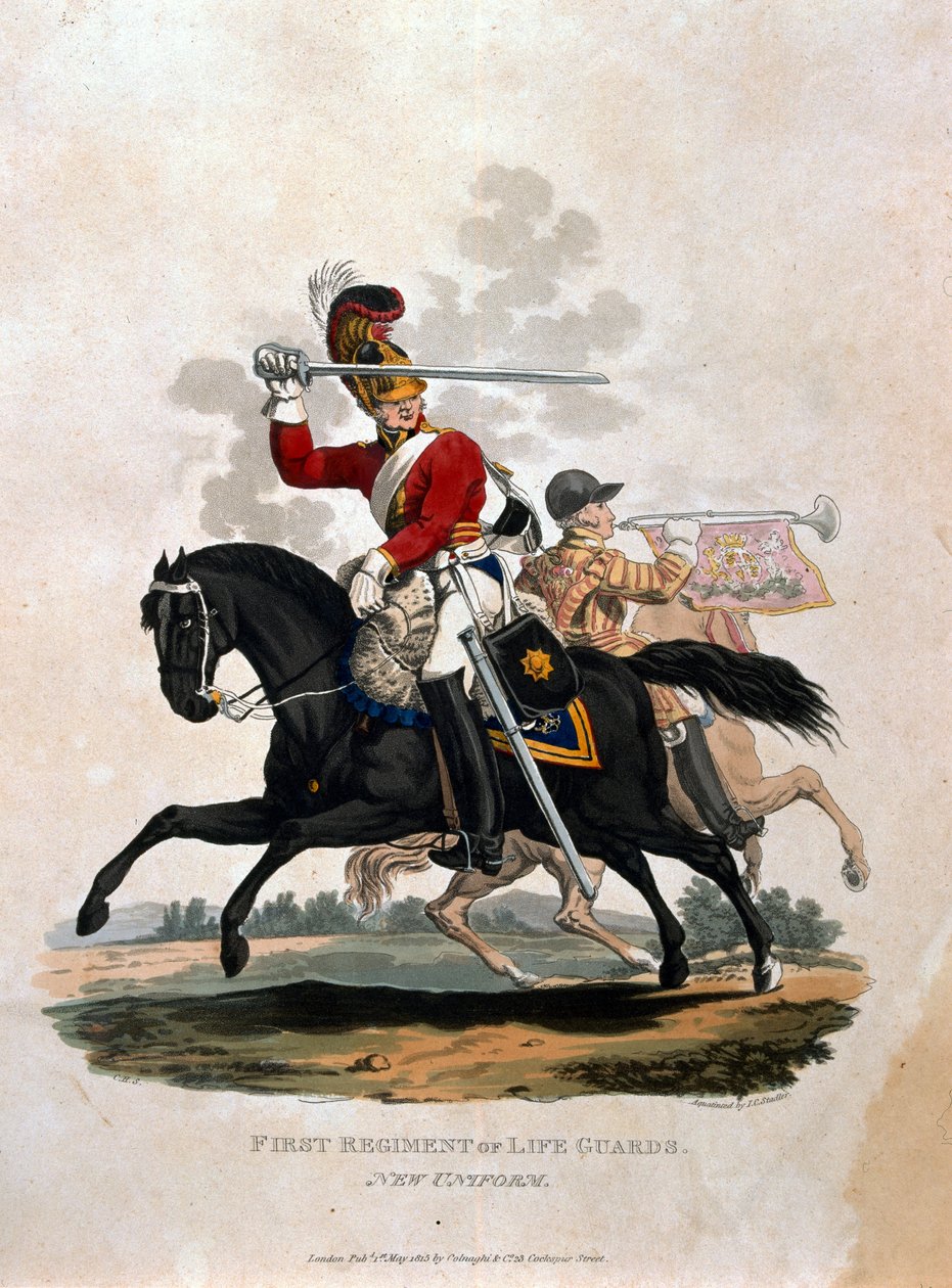 Can Muhafızlarının Birinci Alayı'ndan Asker, '1812 son düzenlemelerine göre Britanya İmparatorluğu Ordusu Kostümleri'nden, JC Stadler tarafından oyulmuş, Colnaghi und Co. tarafından yayınlanmıştır. 1812-15 by Charles Hamilton Smith