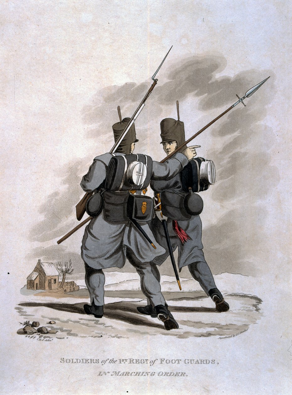 JC Stadler tarafından oyulmuş, Colnagh tarafından yayınlanan 'Britanya İmparatorluğu Ordusu Kostümleri, 1812'deki son düzenlemelere göre', Yürüyüş Düzeninde 1. Ayak Muhafızları Alayı'nın askerleri by Charles Hamilton Smith