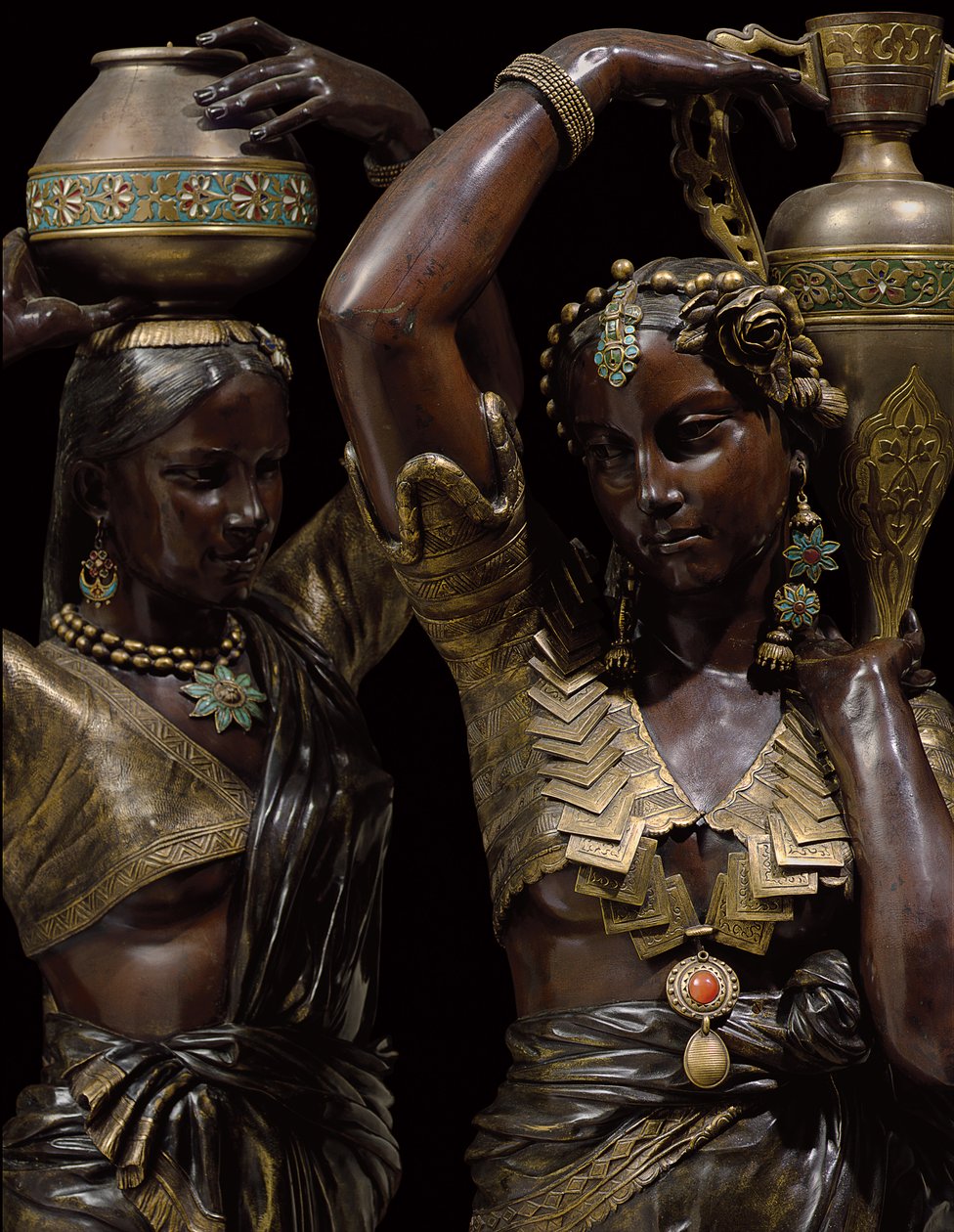 Vazo taşıyan Hintli kadın şeklinde iki bronz meşale detayı by Charles Henri Joseph Cordier