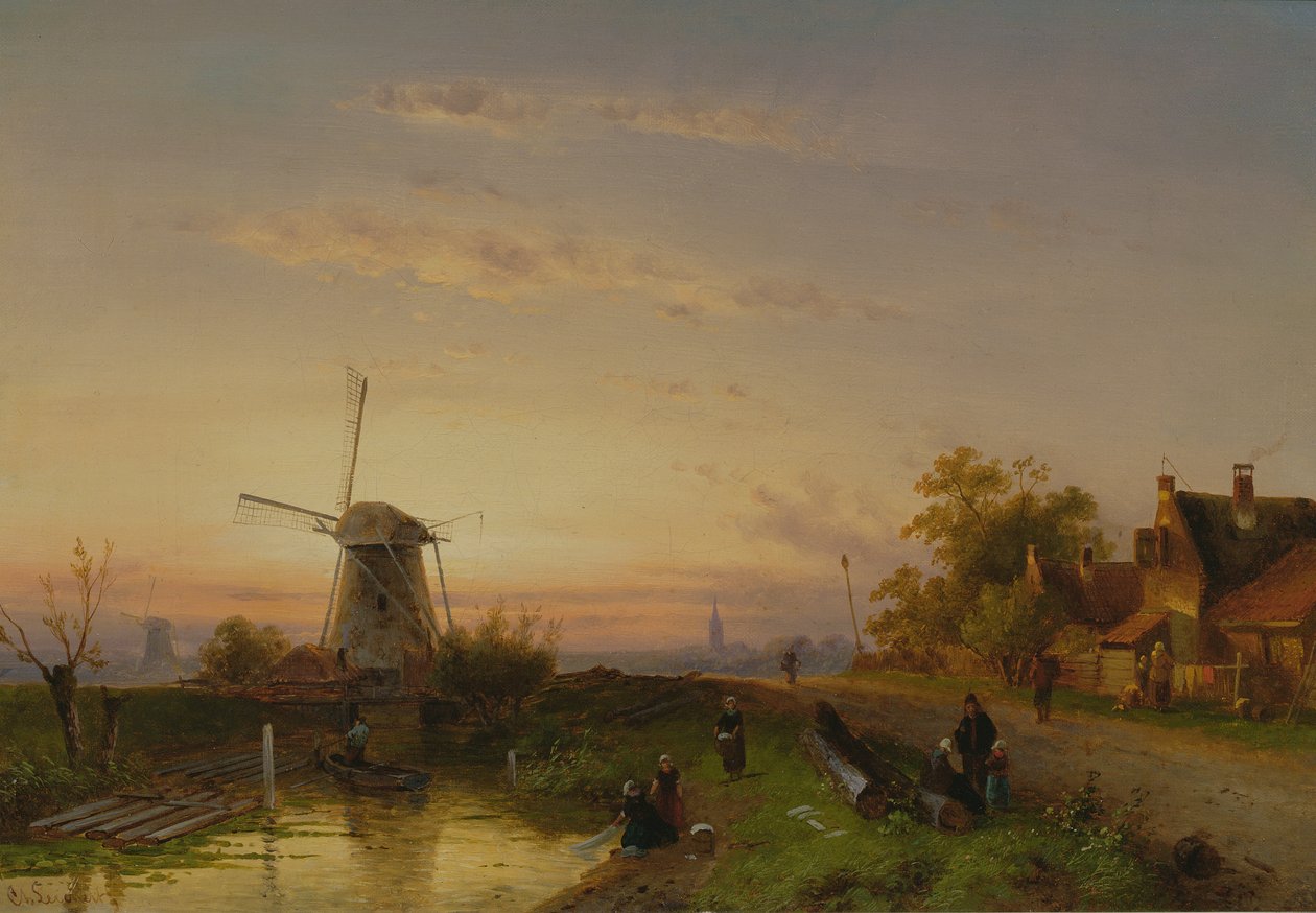 Gün batımında yel değirmeni by Charles Henri Joseph Leickert