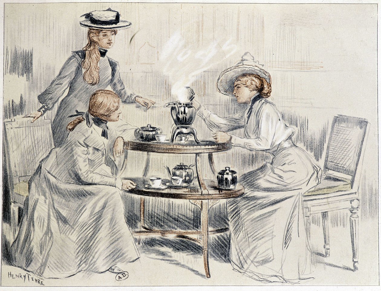 Küçük bir semaverin etrafında çay içen bayanlar - çizim Henri Tenré, ca. 1910 by Charles Henry Tenre
