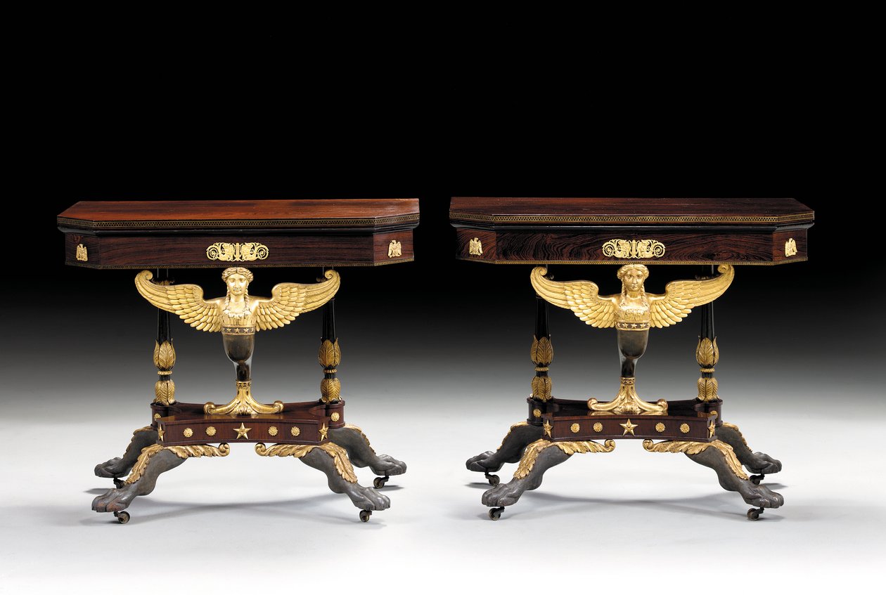 İki klasik oymalı kart masası, c.1815 (koli yaldızlı gül ağacı) by Charles Honore Lannuier