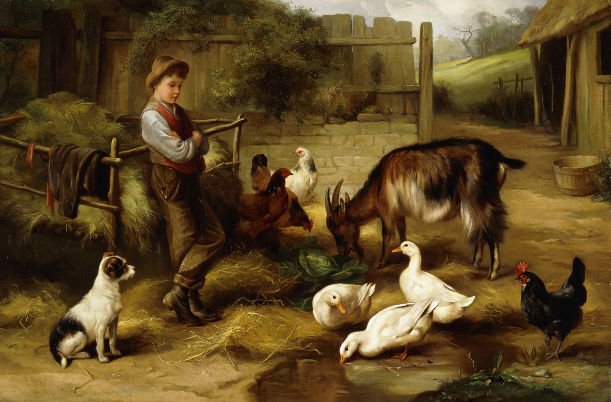 Çiftlik Avlusunda Kümes Hayvanlı Bir Çocuk ve Keçi, 1903 by Charles Hunt