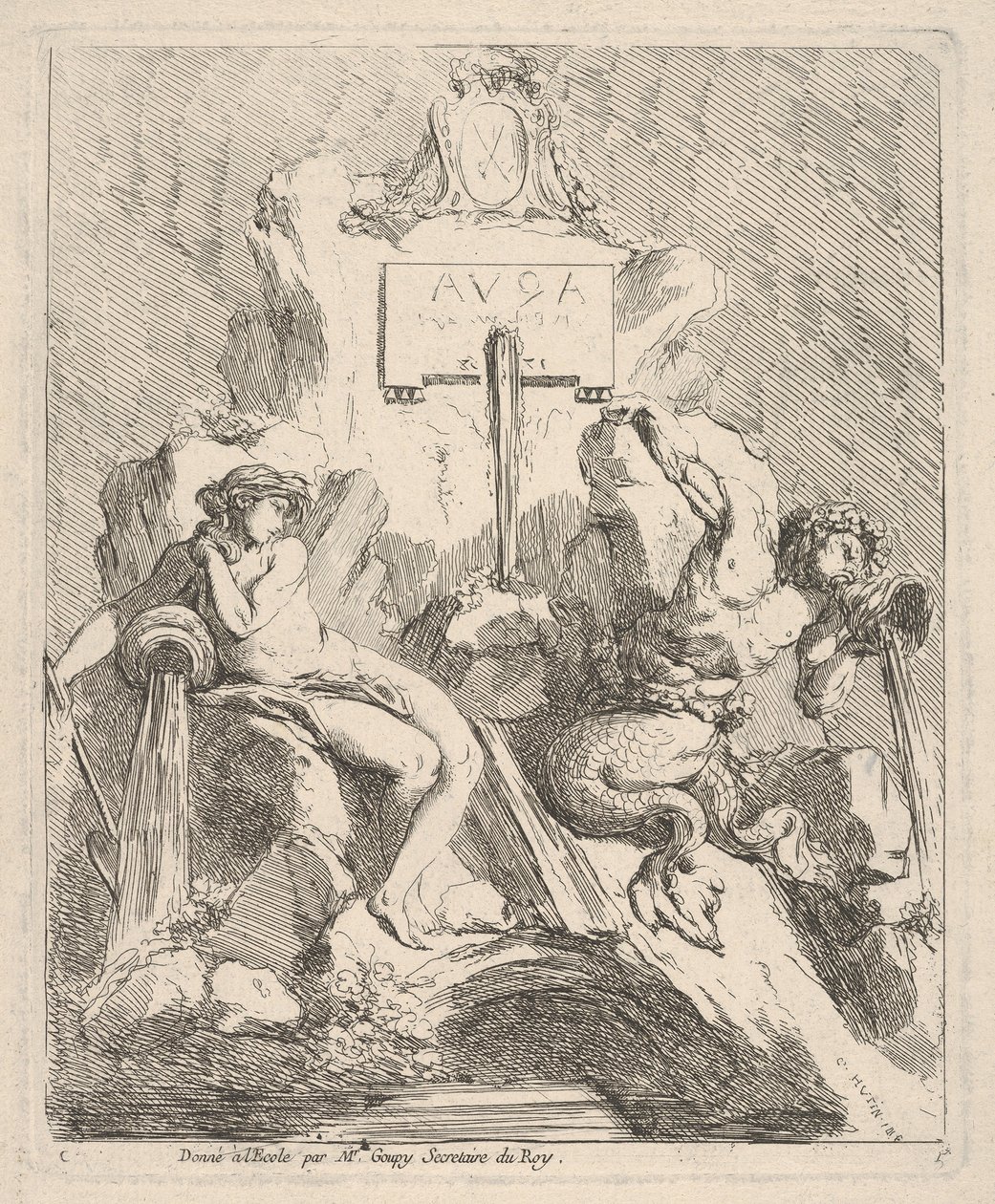 Solda oturan bir perisi ve ağzına bir deniz kabuğu tutan tritonlu bir çeşme tasarımı ..., 1768. by Charles Hutin