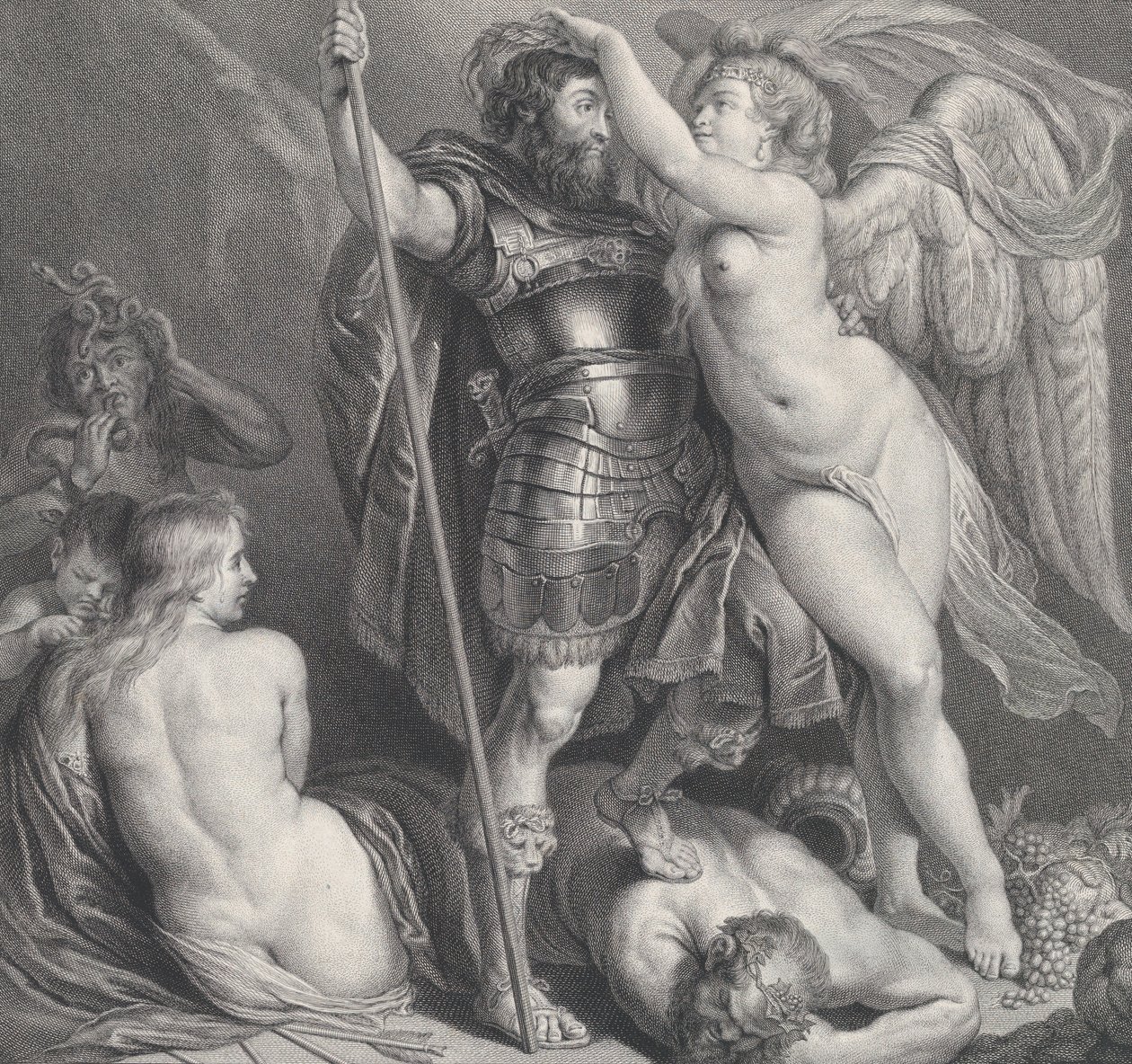 Başına bir defne çelengi yerleştiren Zafer tarafından taçlandırılmış kahraman, Venüs ve Aşk Tanrısı..., ca. 1735-61. by Charles Hutin