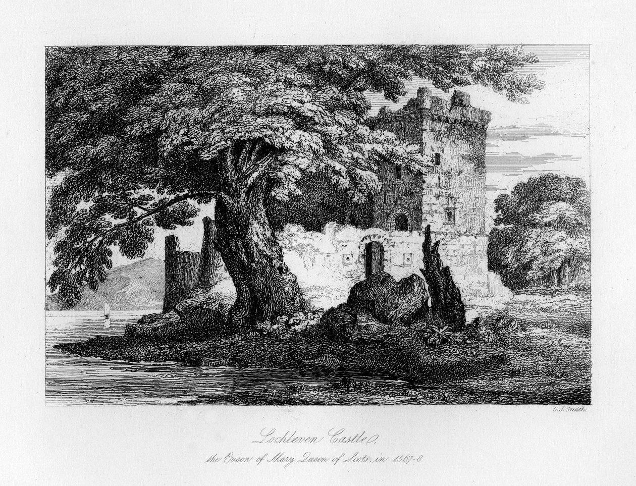 Lochleven Kalesi, İskoçya, Mary hapishanesi, İskoç Kraliçesi, 1840 by Charles J. Smith