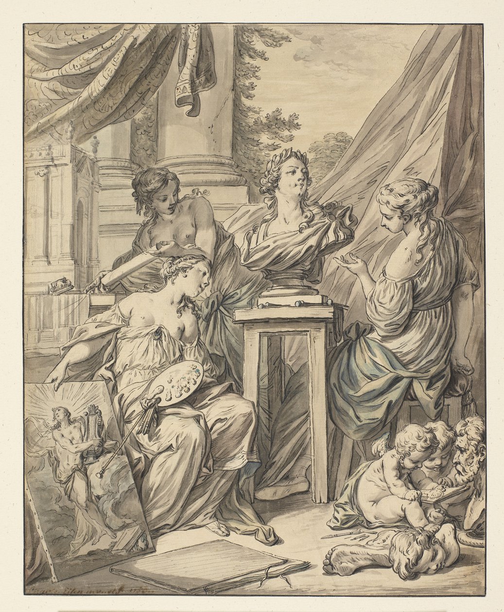 Louis XV, 1753 için keşiflerini kutlayan üç kadın tarafından kişileştirilen Güzel Sanatlar (kağıt üzerinde mürekkep, tebeşir ve tuvalet) by Charles Joseph Dominique Eisen