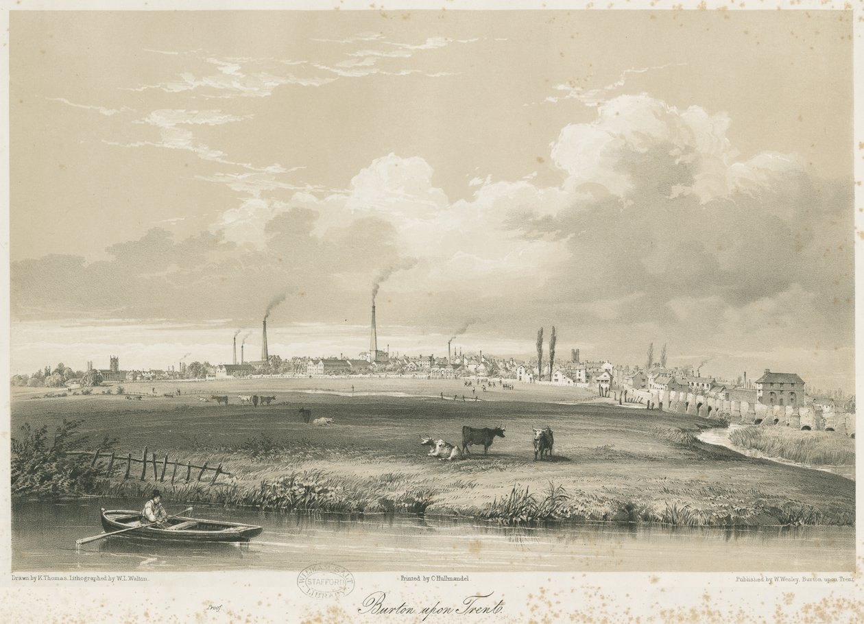 Burton-upon-Trent Köprüsü ve Kasabası: renkli litografi, nd [c 1840] by Charles Joseph Hullmandel