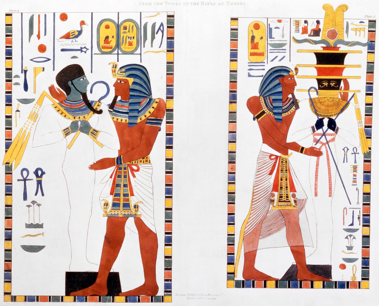 G Belzoni tarafından keşfedilen Thebes Krallarının mezarlarından iki duvar resmi, 1820-1822 by Charles Joseph Hullmandel