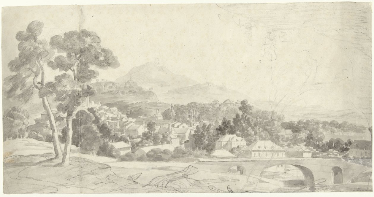 Bir köprünün yanında bir şehir manzarası by Charles Joseph Natoire (attributed to)