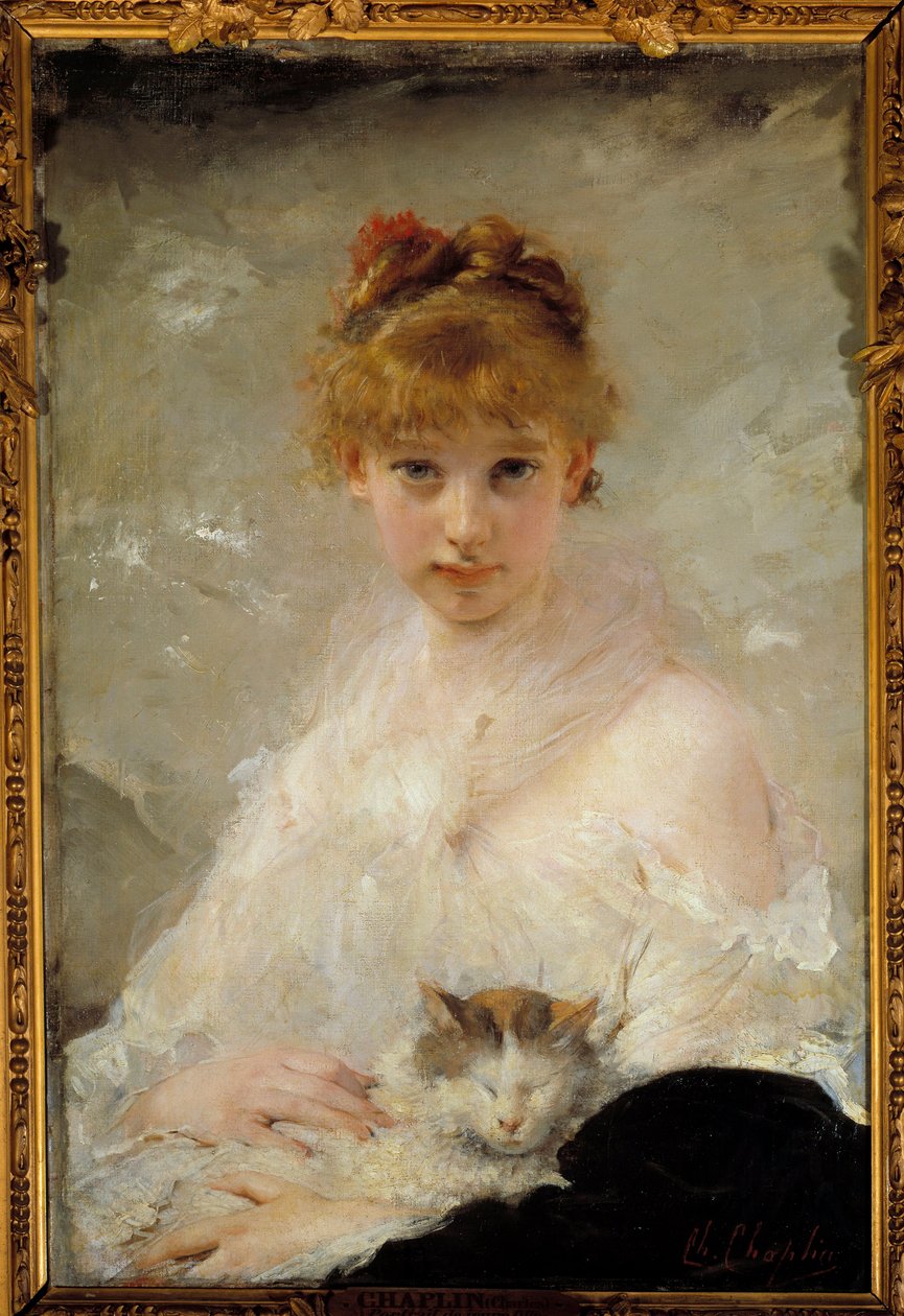 Kedili Genç Kız Boyama Charles Chaplin (1825-1891) 19. yüzyıl Compiegne, Ulusal Kale Müzesi by Charles Joshua Chaplin
