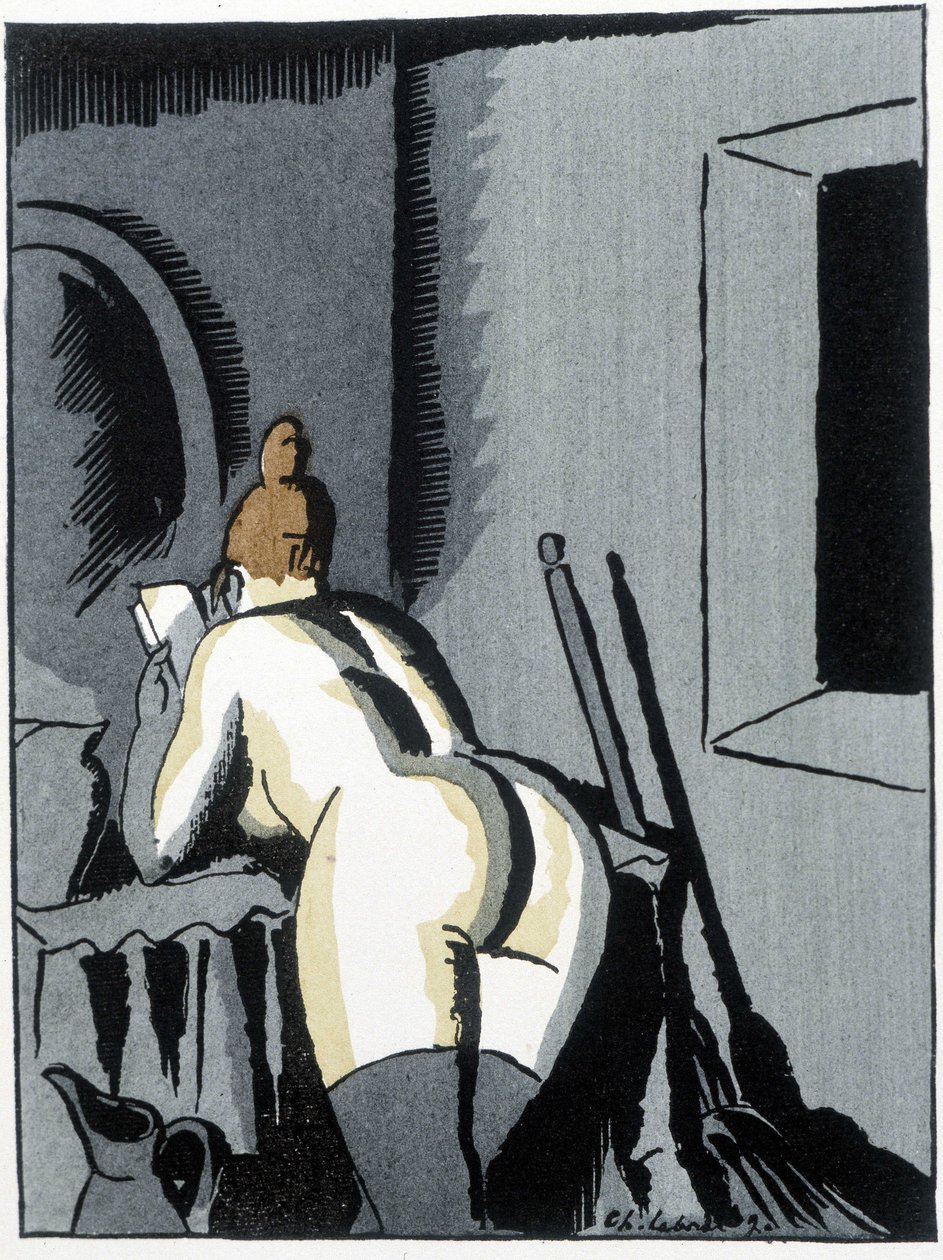 Çıplak kadın, sırtında, Pierre Mac Orlan'ın yazdığı “” Le negre Leonard”da okuyor, hasta. de Chas. Laborde (Charles Laborde) (1886-1941), ed. afişin by Charles Laborde
