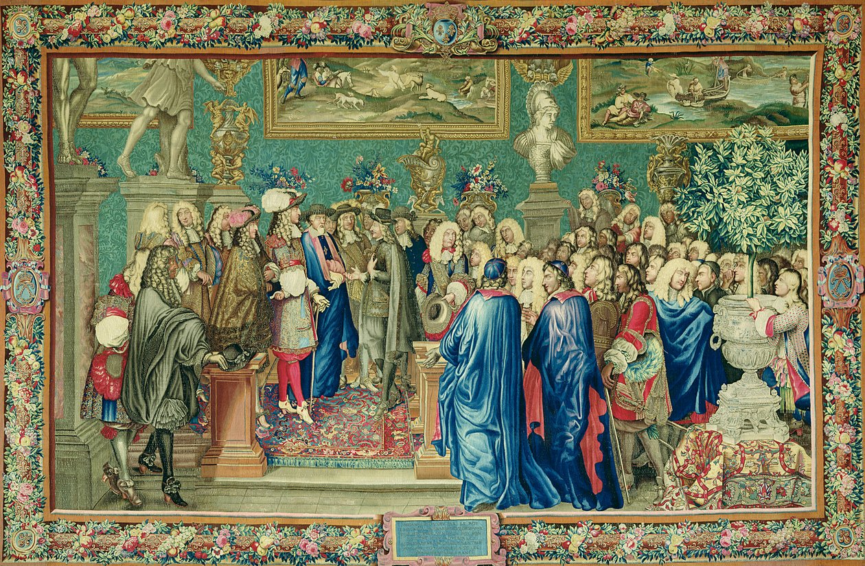 Louis XIV (1638-1715) tarafından İspanya'nın IV. Philip'in Kraliyet Büyükelçisi Fuentes Kontuna Louvre'da Verilen Seyirci, 24 Mart 1662, Gobelins Atölyesi (goblen) by Charles Le Brun