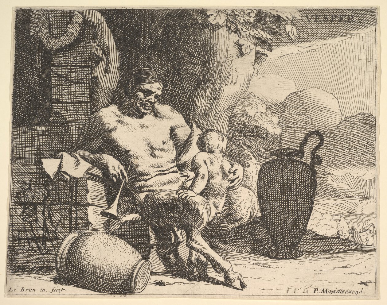 Akşam: oturan bir satir çocuğunu yakalar, bir figür bir çelenk asar bir rıhtım ötesinde, f..., yakl. 1640. by Charles Le Brun
