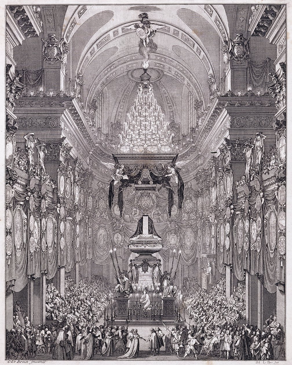 Oratoire du Louvre Mozolesi, Rue Saint-Honore, Fransız devlet adamı Pierre Seguier anısına, Mayıs 1672, c.1770-1780 (gravür) by Charles Le Brun