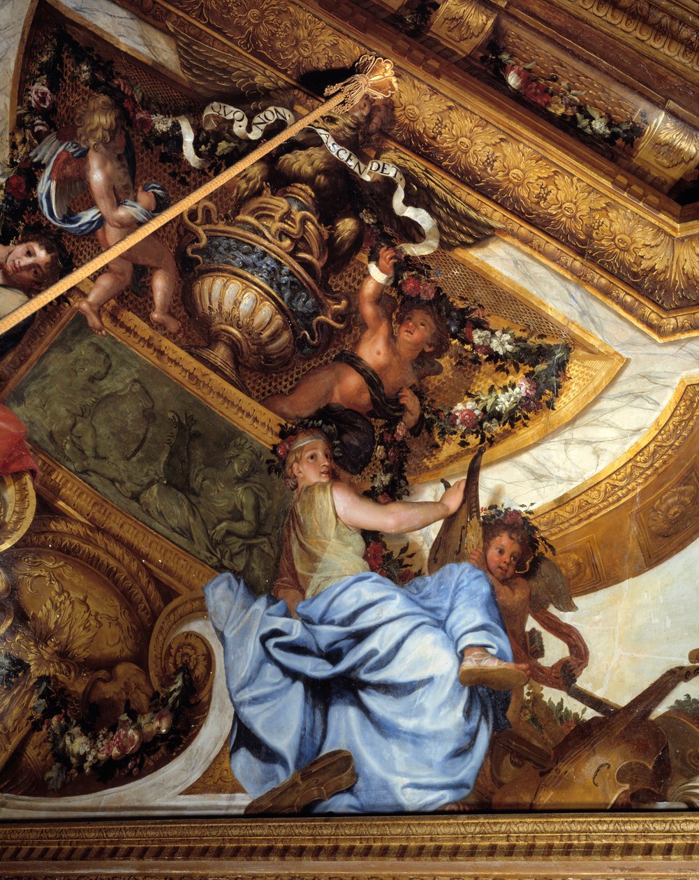 Salon des muses, detay: müzik. Charles Lebrun (Le Brun) (1619-1690) tarafından trompe l