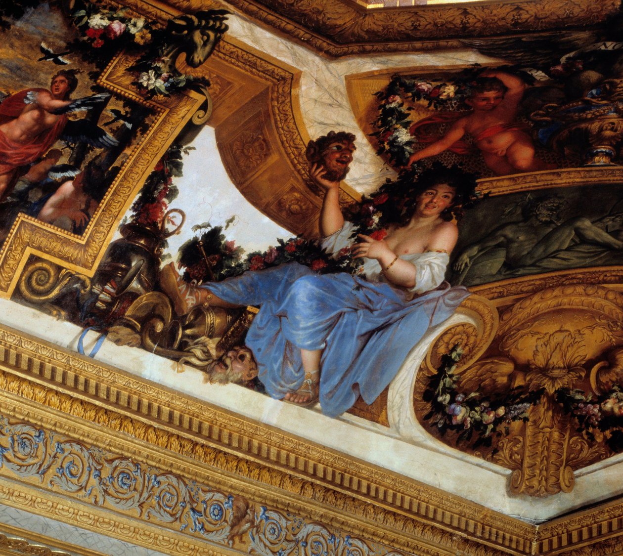 İlham perilerinden biri, komedi ve pastoral şiirin hamisi Thalie, Charles Lebrun (Le Brun) (1619-1690) tarafından Salon des Muses resimlerinin detayı 17. yüzyıl Chateau de Vaux Le Visomte (Vaux-Le-Vicomte), Seine ve Marne. by Charles Le Brun