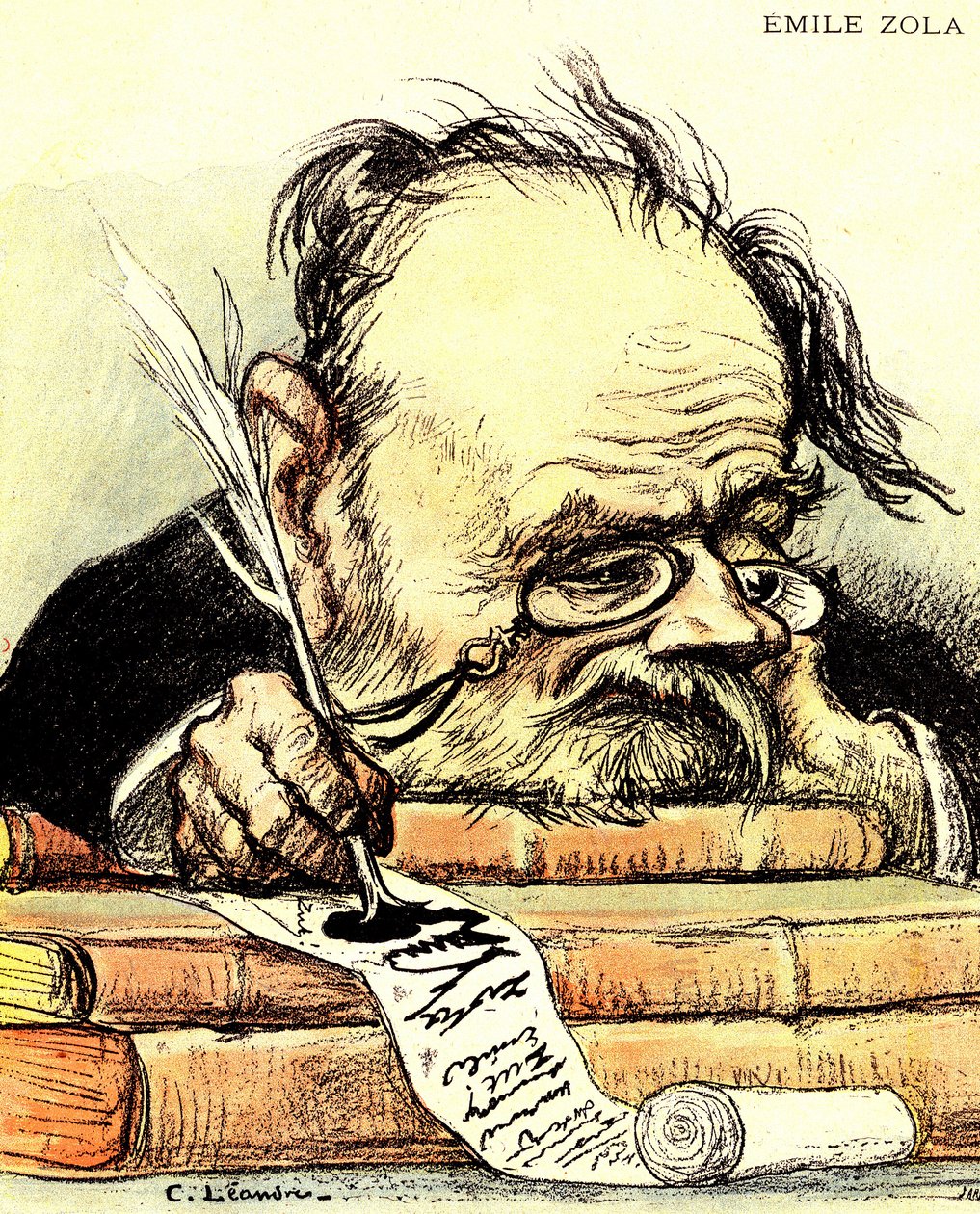 Emile Zola'nın (1840-1902) yazdığı karikatür, görünürde ilhamdan yoksun - "The Rire"da Charles Leandre'nin çizimi by Charles Leandre