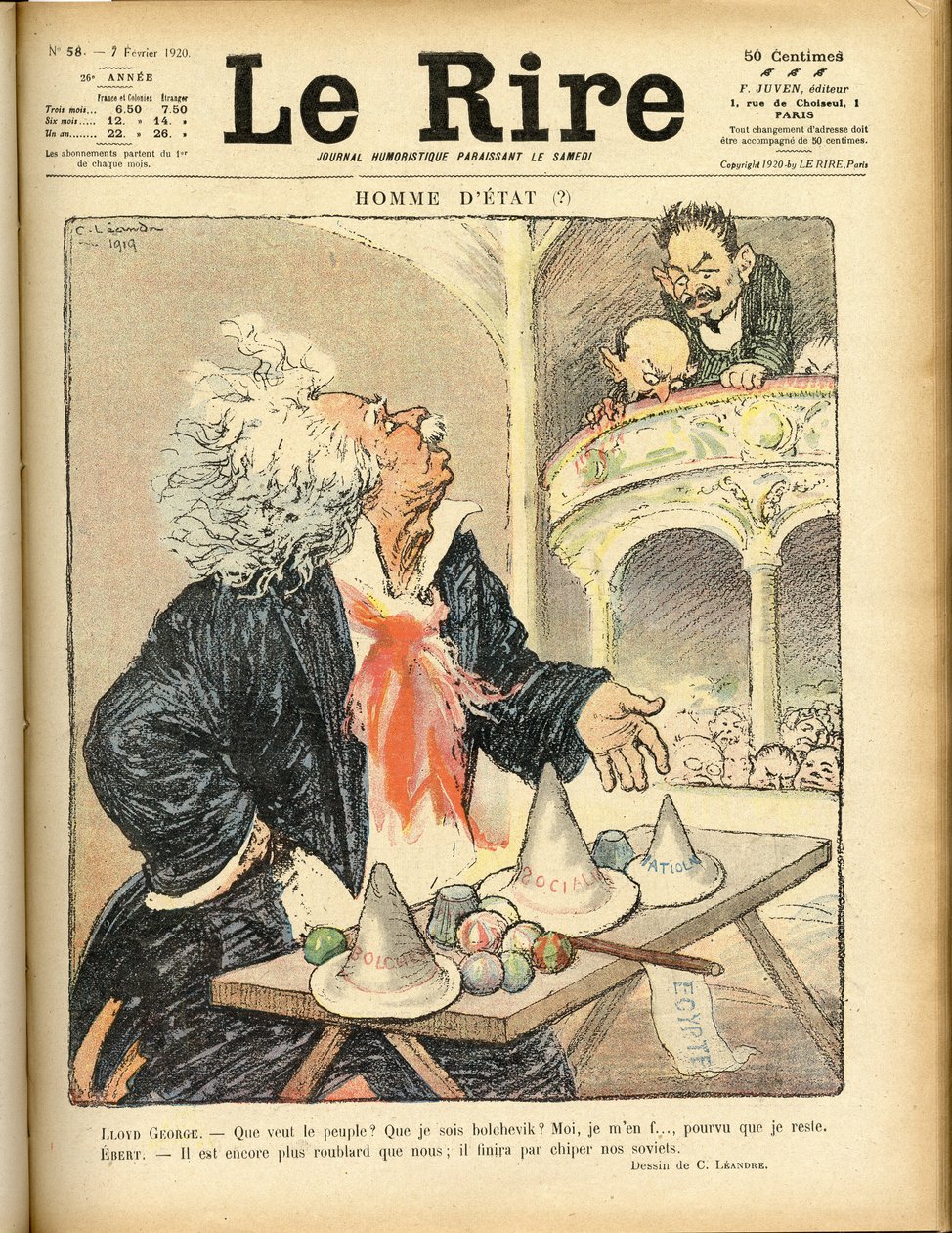 Le Rire Kapağı için İllüstrasyon, 07/02/1920 - Devlet Adamı - David Lloyd George ve Ebert Friedrich (1871-1925) by Charles Leandre
