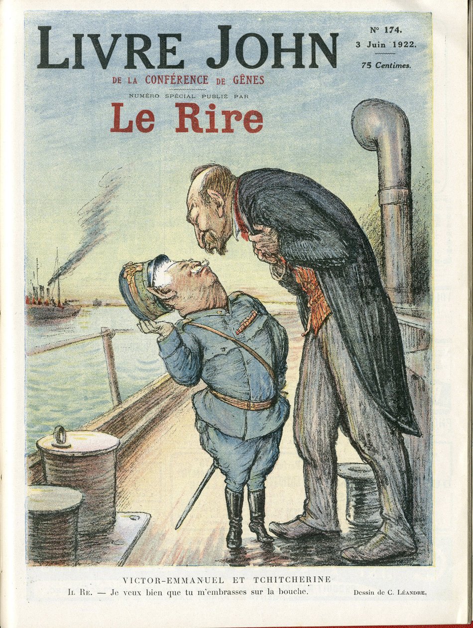 Le Rire Kapağı için Charles Leandre (1862-1934) çizimi, 03/06/22 - İtalya, SSCB - Victor Emmanuel 1er, Gueorgui Titcherine (1872-1936) by Charles Leandre