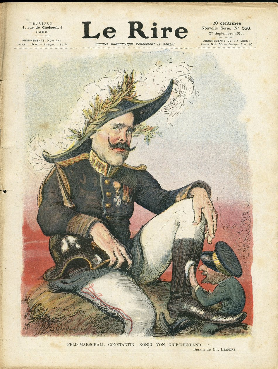 Le Rire Kapağı için Charles Leandre (1862-1934) çizimi, 27/09/13 - Field-Marschall Constantine - Almanya Prusya, Pointe ile Miğfer, Armee, Yunanistan - Bulgaristan Ferdinand (1816-1948), Konstantin Constantin 1st (1868-1923) - Ayakkabı Parlatıcı by Charles Leandre