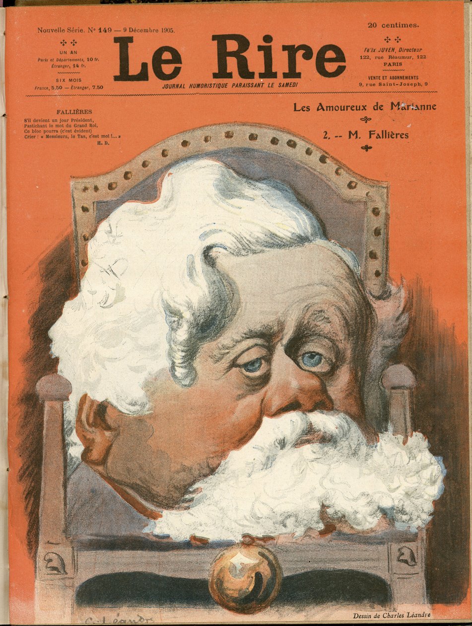 Le Rire Kapağı için Charles Leandre (1862-1934) çizimi, No. 149, 09/12/05 - Cumhurbaşkanı, Koltuk (güç sembolü) - Fallieres Armand (1841-1931) by Charles Leandre