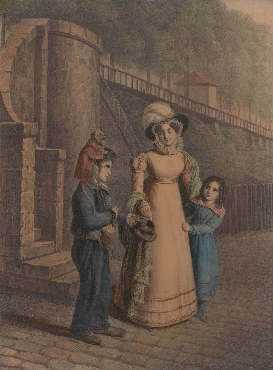 Omzunda maymun olan bir anne ve kızından bozuk para alan çocuk, 1803-40. by Charles Louis Constans