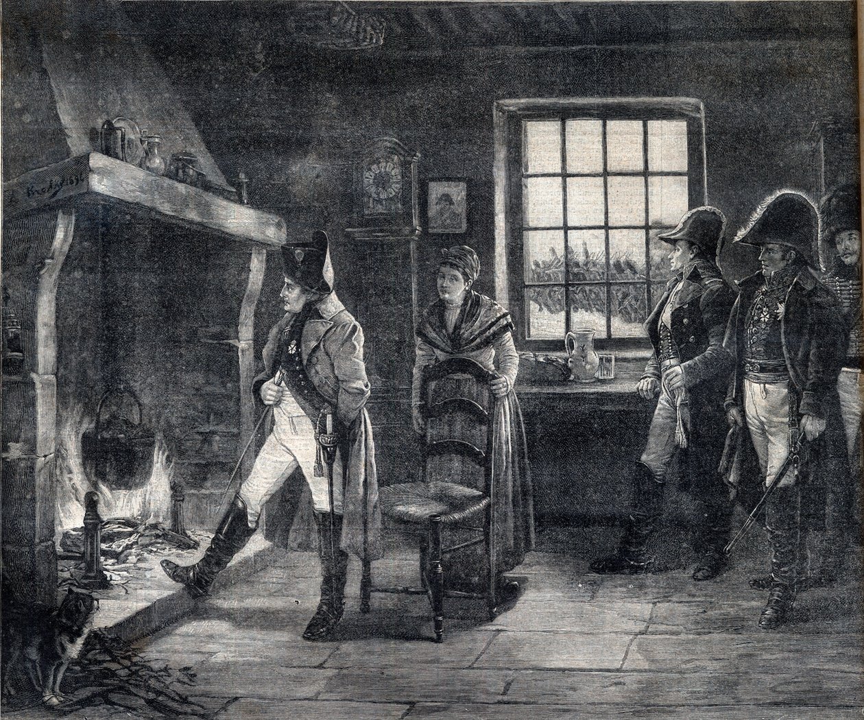 İmparator Napolyon I kar manzarasında odun ateşinde kendini ısıtıyor - 1814