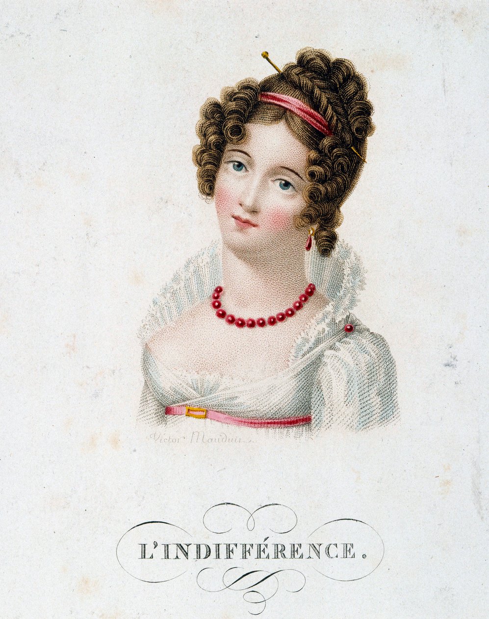Kayıtsızlık İlk İmparatorluk modasına bürünmüş genç bir kadın. Victor Mauduit (1788-?) 19. yüzyıl Paris, dekoratif sanatlar tarafından litografi by Charles Louis Victor Mauduit