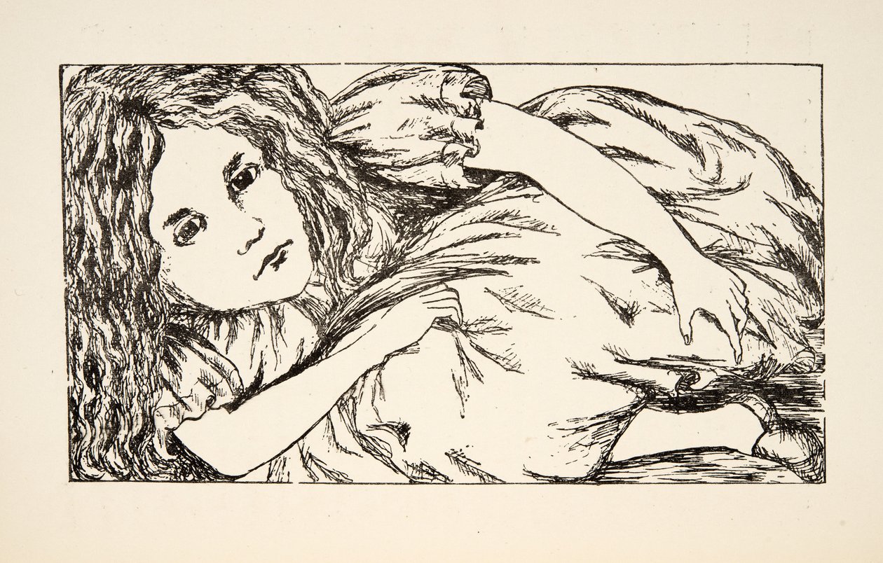 Alice Beyaz Tavşanlar Evi'nde, Alices Adventures Under Ground'dan bir çizim, pub. 1886 (faks) by Charles Lutwidge Dodgson