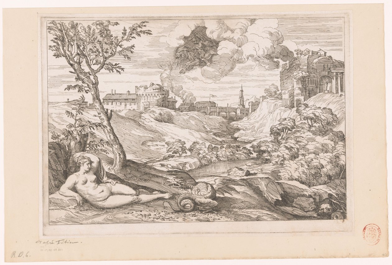 Ejderha Tarafından Korunan Andromeda ve Bulutta Uçan Perseus ile Manzara by Charles Macé (attributed to)