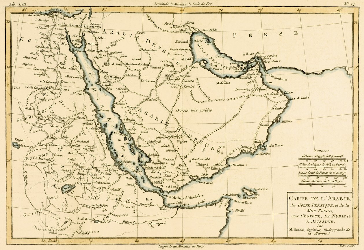Arabistan, Basra Körfezi ve Kızıldeniz, Mısır, Nubia ve Abyssinia, Guillaume Raynal (1713-96) tarafından yayınlanan 'Atlas de Toutes les Parties Connues du Globe Terrestre'den, Cenevre, 1780 (renkli) by Charles Marie Rigobert Bonne