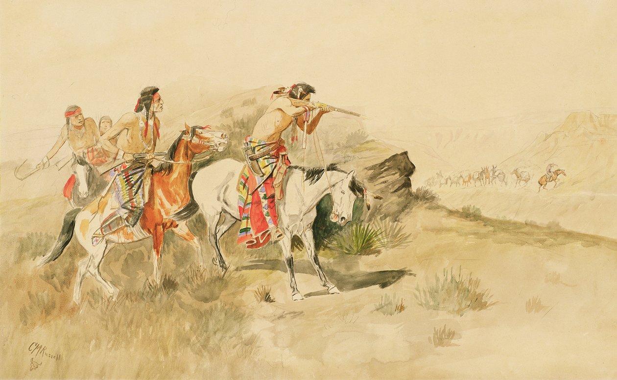 Katırcılara Saldırı, c.1895 (kağıt üzerinde kalem ve tuvalet) by Charles Marion Russell