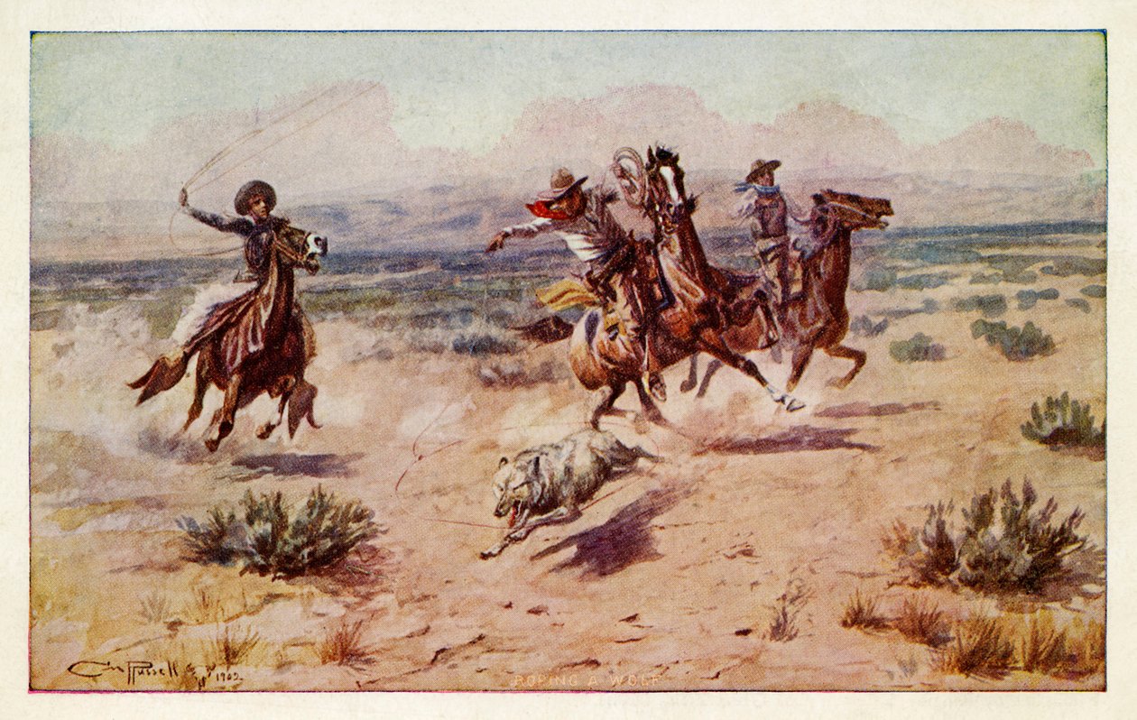 Bir kır kurdu kovalayan kovboylar by Charles Marion Russell