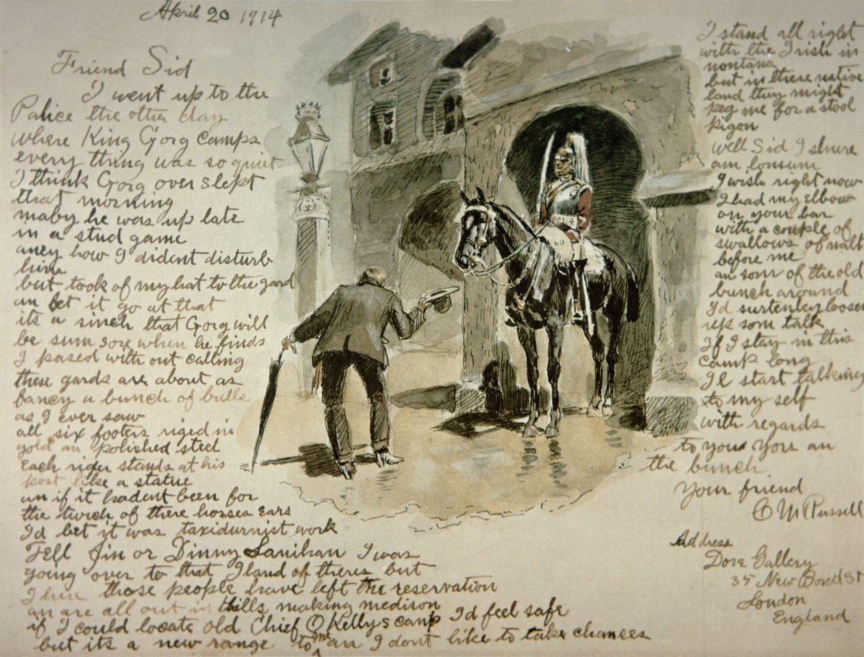 Resimli mektup, 20 Nisan 1914 (kalem ve mürekkep ve kağıt üzerinde yıkama) by Charles Marion Russell