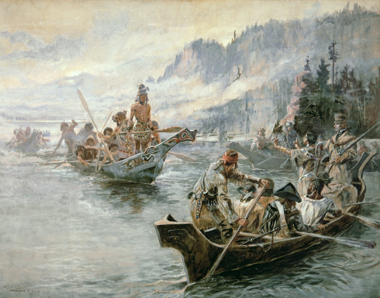 Aşağı Columbia Nehri üzerinde Lewis & Clark by Charles Marion Russell