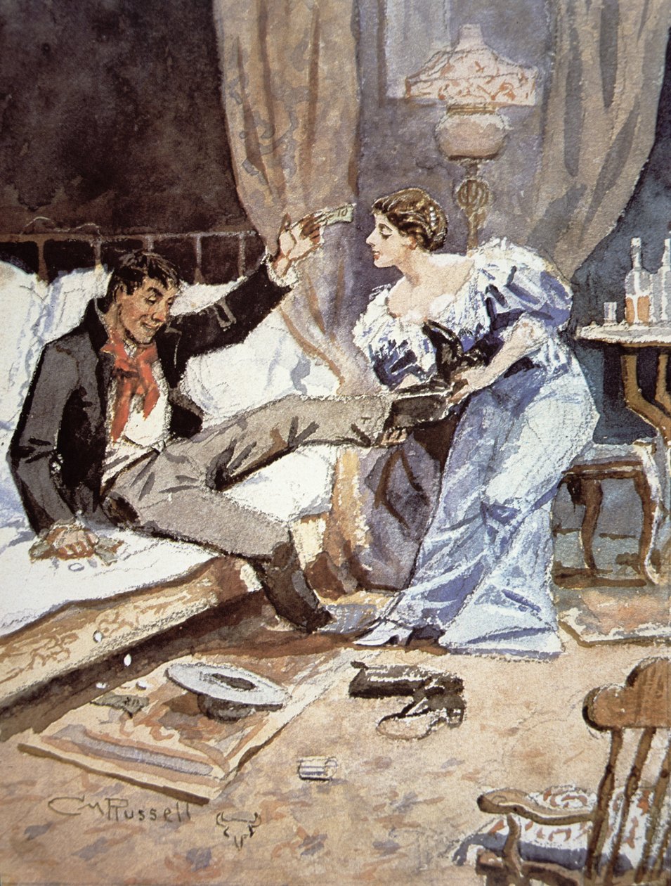 Sarhoş bir kovboylu salon kızı, 1898 dolayları (kağıt üzerine suluboya) by Charles Marion Russell