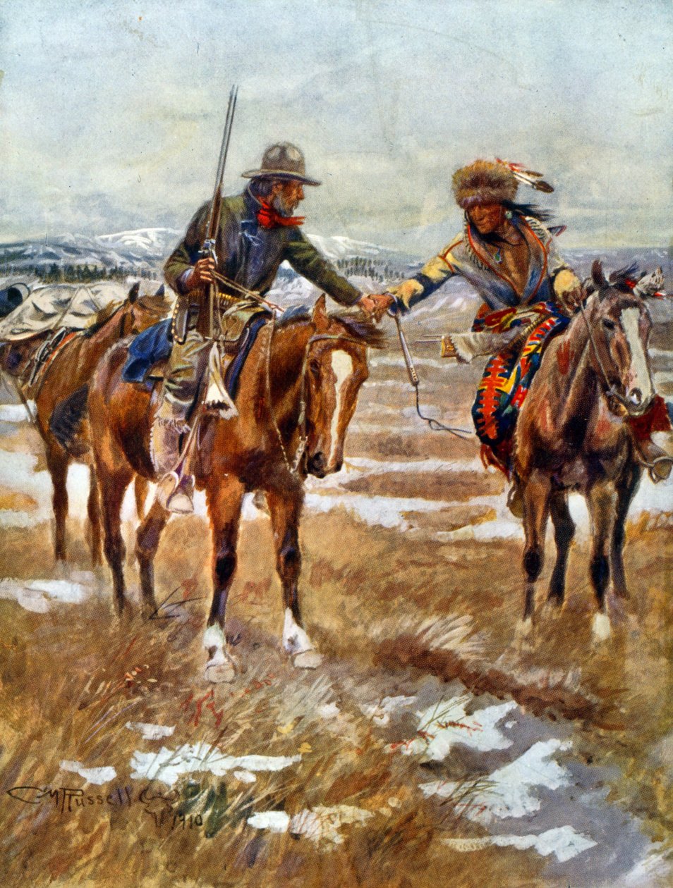 At sırtında el sıkışan Amerikalı ve Kızılderili erkeklerin buluşması by Charles Marion Russell