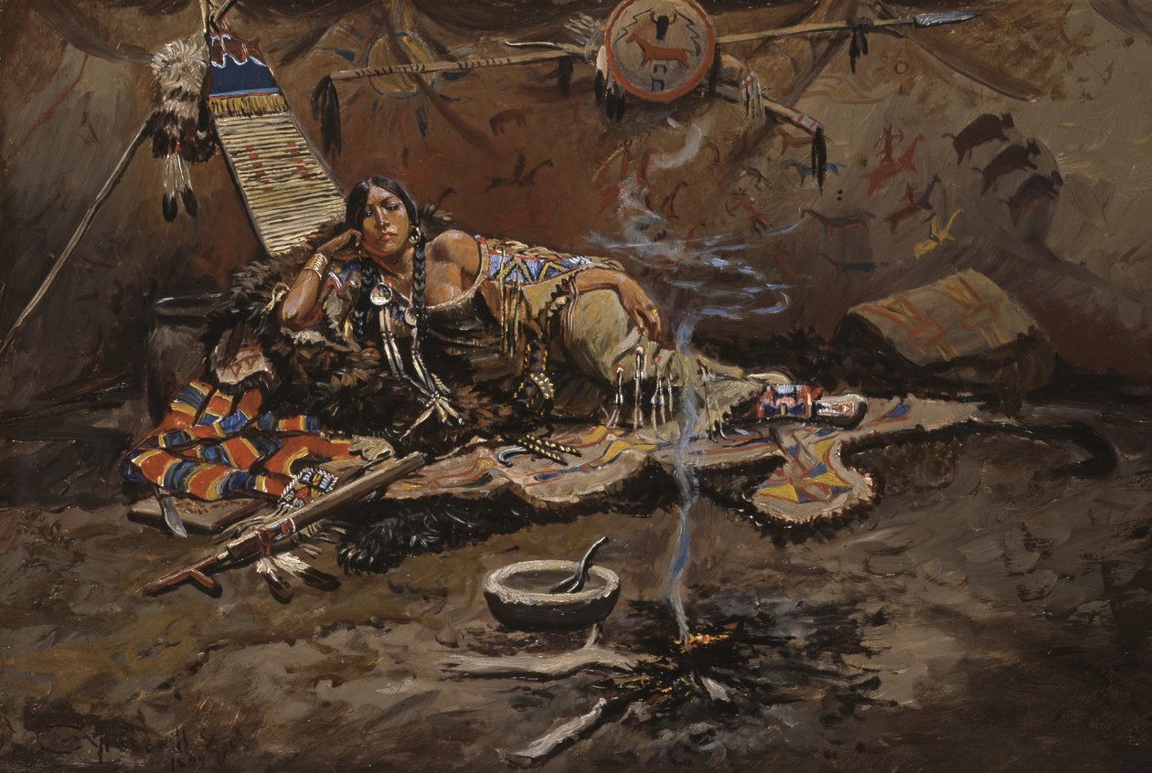 Waiting And Mad (masonite monte edilmiş gemideki yağ) by Charles Marion Russell