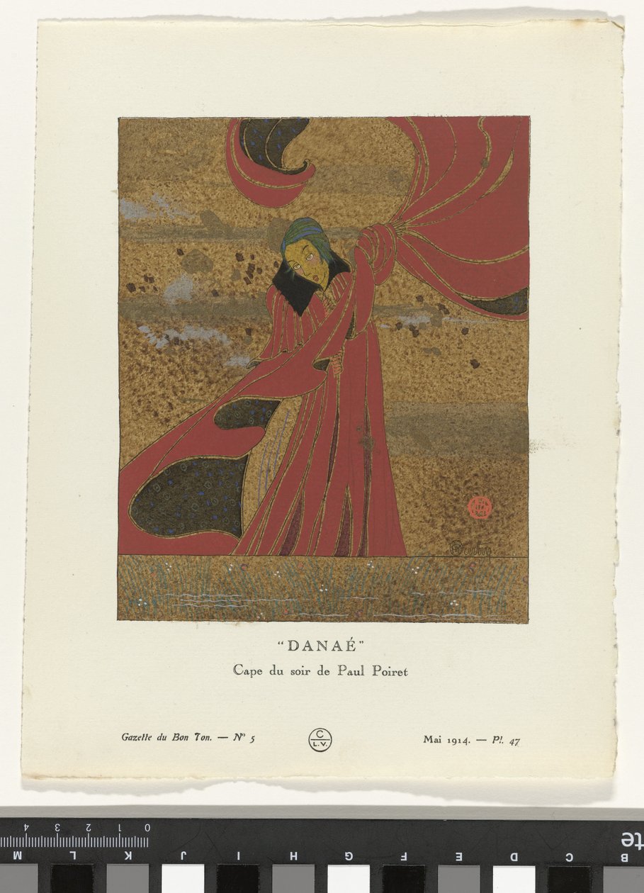 Gazette du Bon Ton, 1914 - No. 5, Pl. 47: Danae / Akşam Pelerini, Paul Poiret (nesne üzerindeki başlık) by Charles Martin