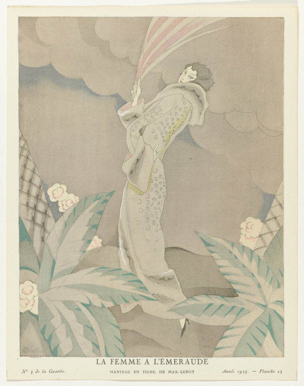 Gazette du Bon Ton 1923, No. 5, Pl. 23: Zümrüt Kadın - Kaplan mantosu, Max-Leroy (nesne üzerindeki başlık) by Charles Martin