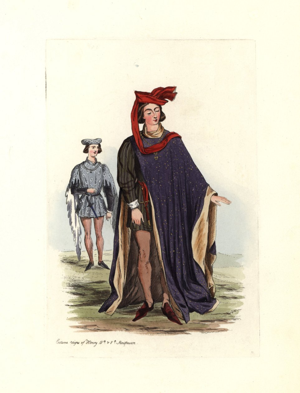 Kral Henry IV ve Henry V döneminde tipik erkek kostümü, 'Fetihten Günümüze İngiltere'nin Sivil Kostümleri'nden illüstrasyon by Charles Martin