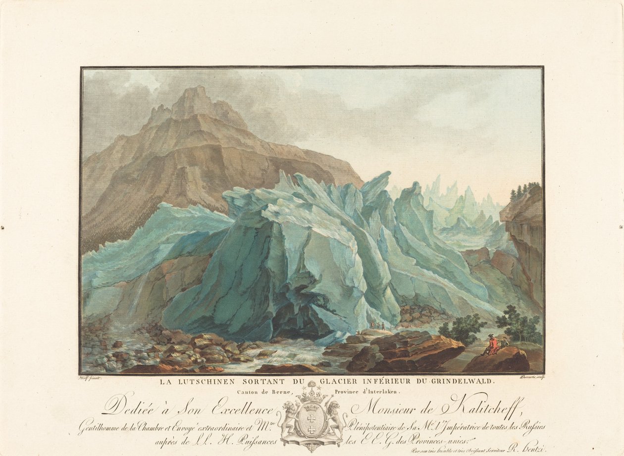 Aşağı Grindelwald Buzulundan çıkan Lutschinen, 1785. by Charles Melchior Descourtis