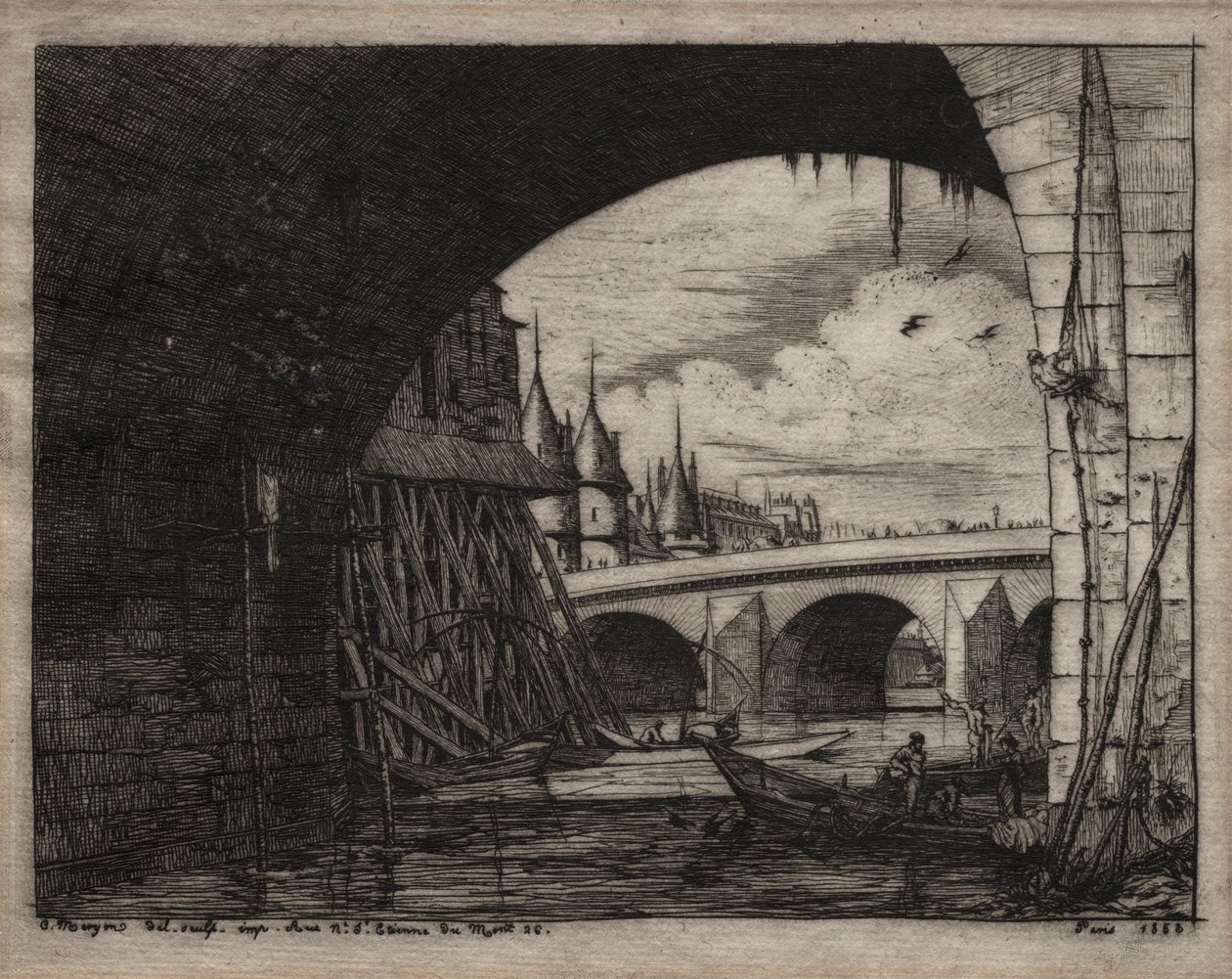 Paris Gravürleri: Notre Dame Köprüsü Kemeri, 1853. by Charles Meryon