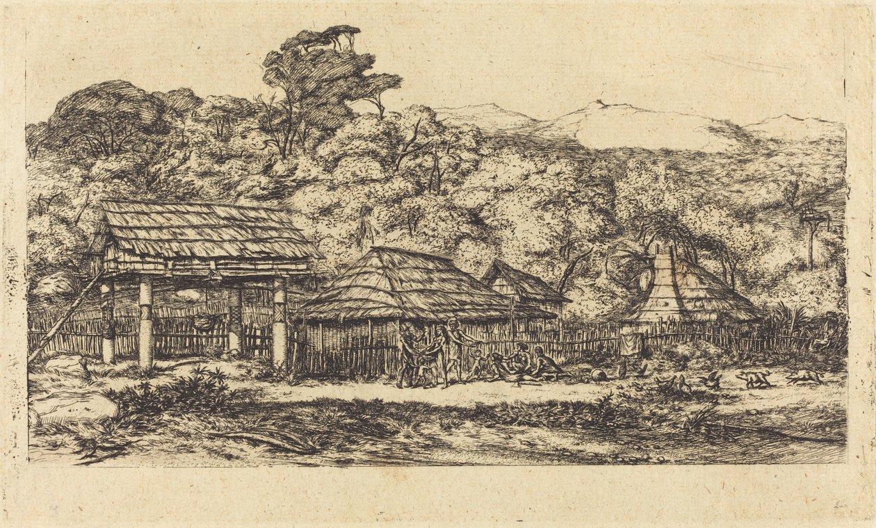 Akaroa'daki yerli tahıl ambarları ve meskenler, Banks' Island, 1845 (Akaroa'daki Yerli Ahırlar ve Kulübeler, Banks' Peninsula, 1845) by Charles Meryon