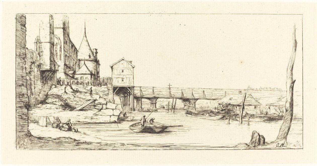 Passerelle du Pont-au-Change, Paris, 1621 Yaya Köprüsü Yangınından Sonra..., 1860. by Charles Meryon