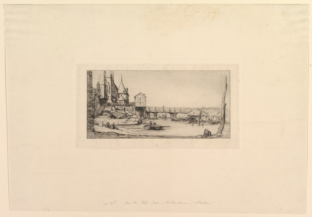 Pont-au-Change yaya köprüsü, 1621 yangınından sonra Yaya Köprüsü geçici olarak değiştirilir..., 1860. by Charles Meryon