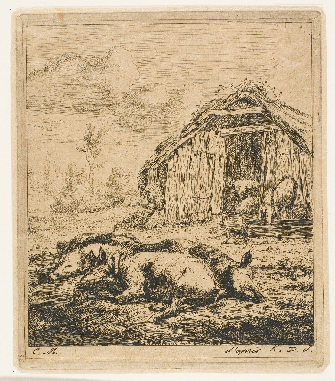 Bir Kulübenin Önünde Yatan Üç Domuz by Charles Meryon