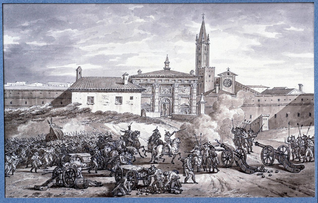 Campaigns of Italy: “” Napoleon Bonaparte (1769-1821) and marechal Augereau set a door of Verona in Italy with a cannon in 1796””” Drawing in the pen attributed to Charles Meynier (1768-1832). Dim. 0,25x0,4 m. Paris, Louvre Museum by Charles Meynier